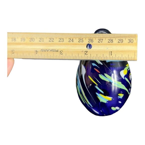 Multicolor Egg Shaped Art Glass Paperweight Figurine Cobalt Blue Dots 4"T 2.25"W - Picture 5 of 12